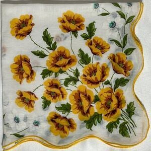 Vintage 15" Cotton Floral Handkerchief Yellow Carnations Scalloped Edge Hanky